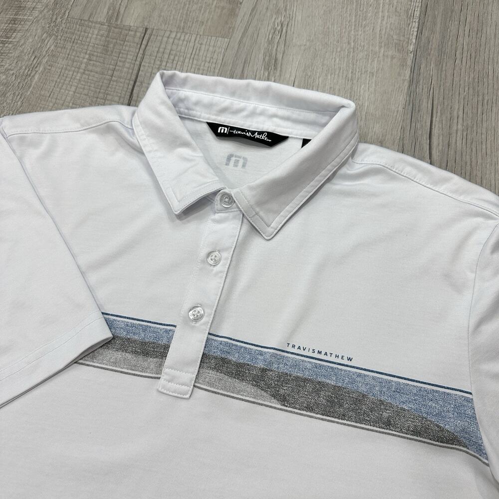 Travis Mathew Polo Shirt Mens Large White Blue Stripe Performance Golf Casual